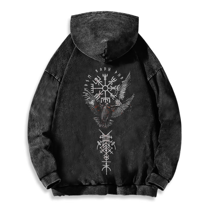 WorldNorse Wikingersymbol Raven Vegvisir gewaschener Kapuzenpullover - image 3