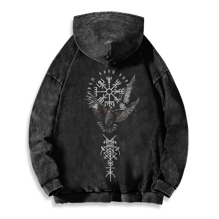 WorldNorse Wikingersymbol Raven Vegvisir gewaschener Kapuzenpullover - image 3