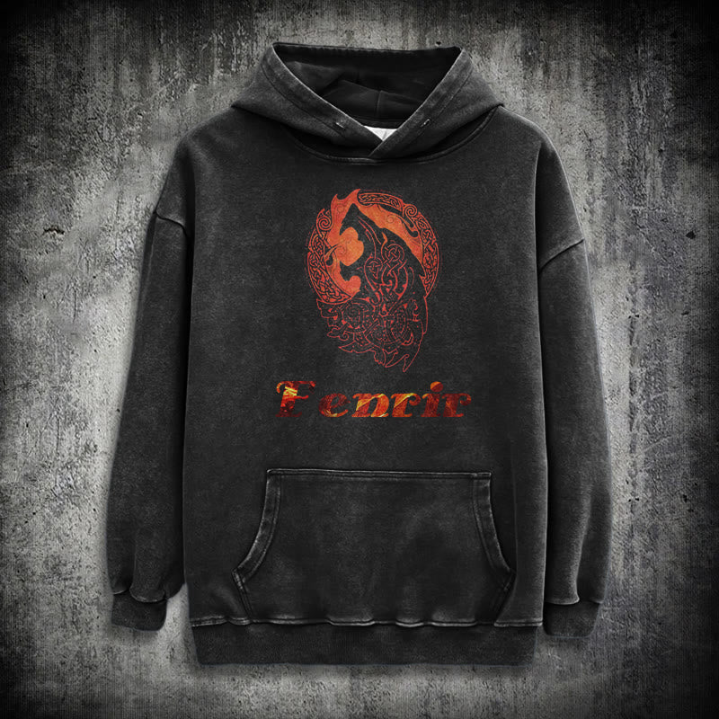 WorldNorse Fenrir Wolve Fire Washed Kapuzenpullover - Schwarz - 3XL - image 1