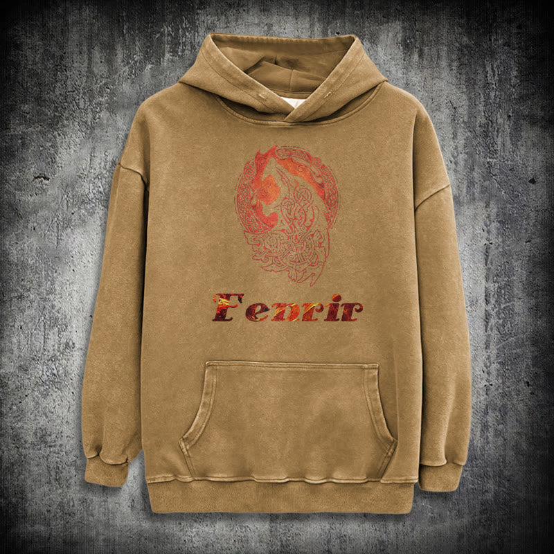 WorldNorse Fenrir Wolve Fire Washed Kapuzenpullover - Khaki - 3XL - image 27