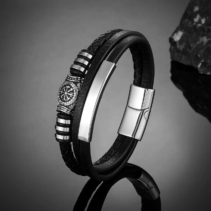 WorldNorse Vegvisir Dreireihiges geflochtenes Lederarmband