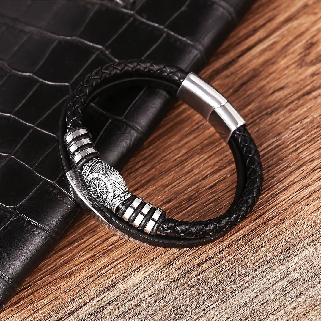 WorldNorse Vegvisir Dreireihiges geflochtenes Lederarmband