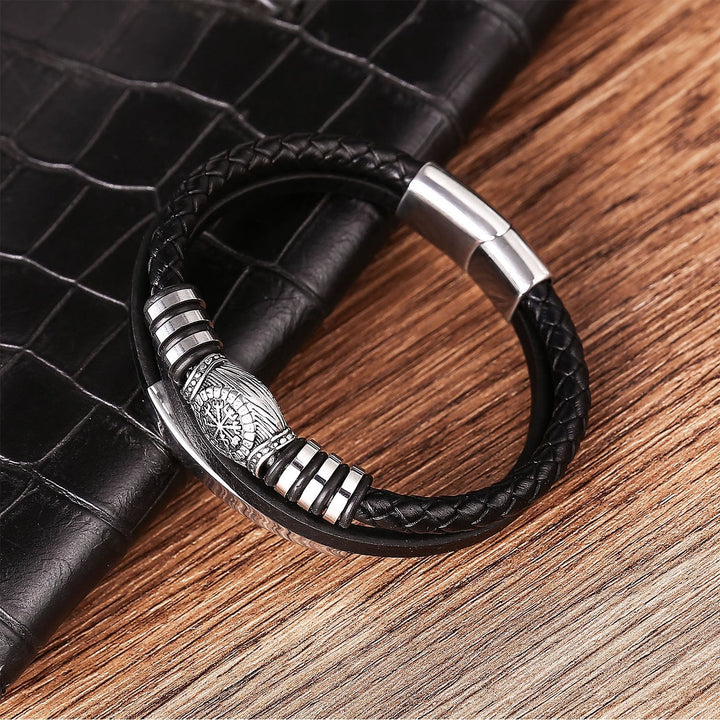 WorldNorse Vegvisir Dreireihiges geflochtenes Lederarmband