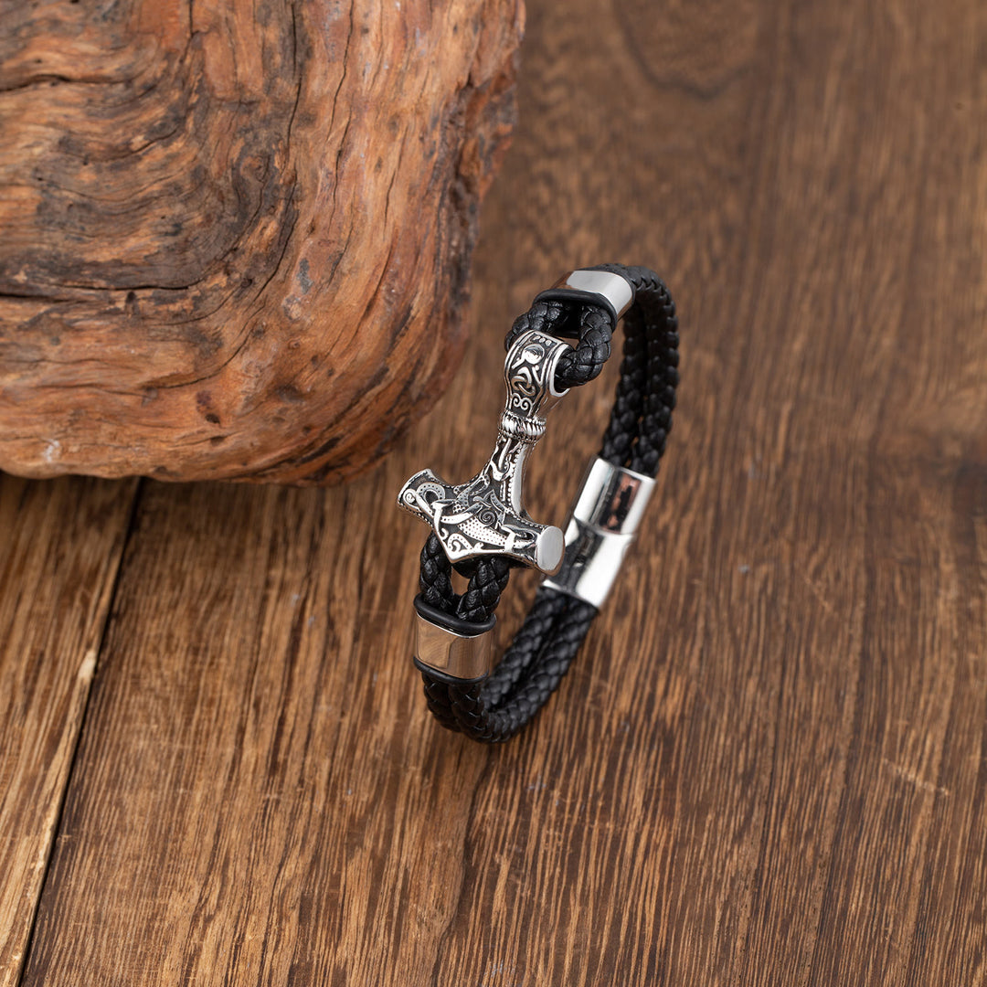 WorldNorse Thors Hammer geflochtenes Lederarmband