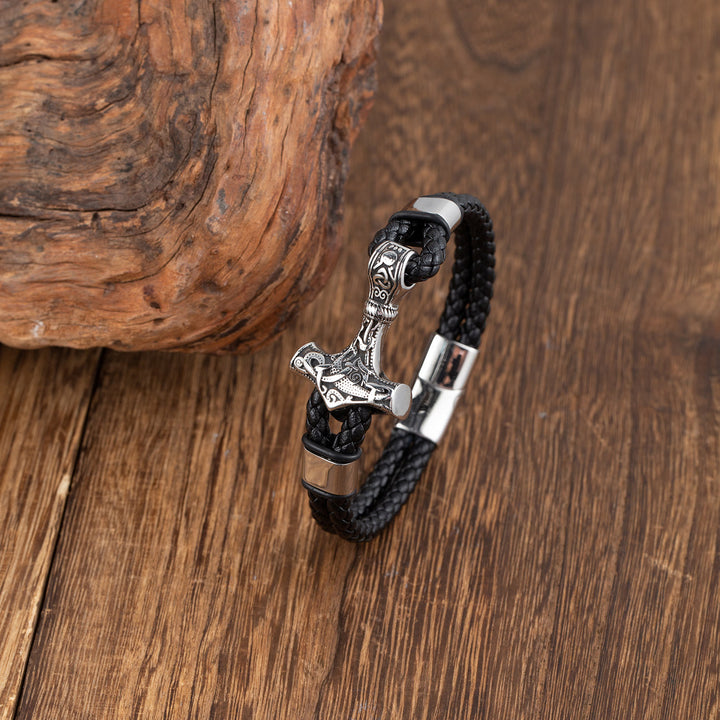 WorldNorse Thors Hammer geflochtenes Lederarmband