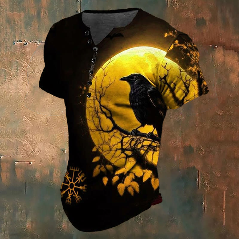 Henley-T-Shirt mit nordischem Raven Print
