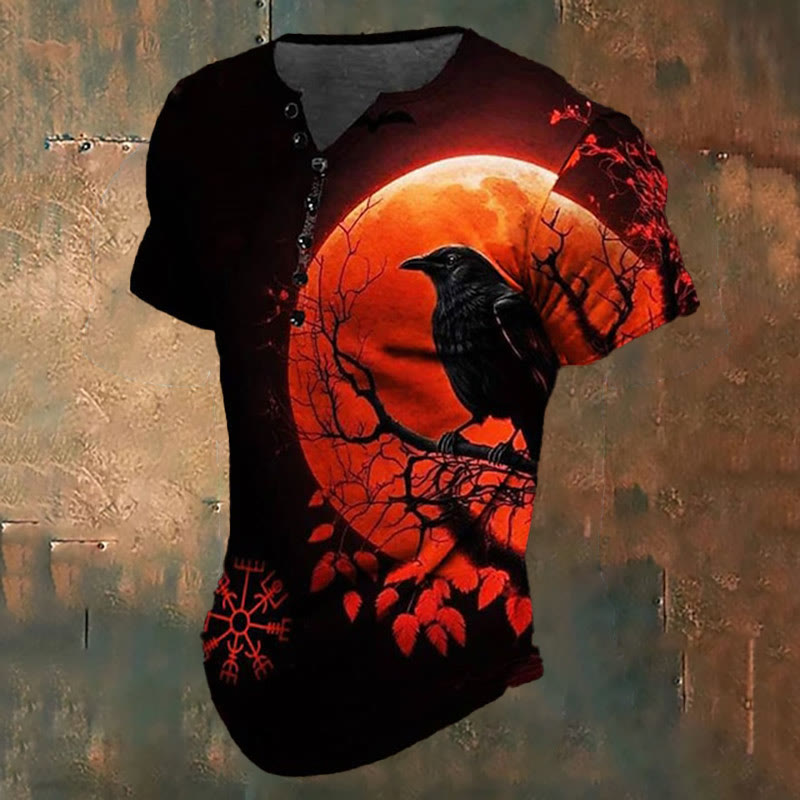 Henley-T-Shirt mit nordischem Raven Print