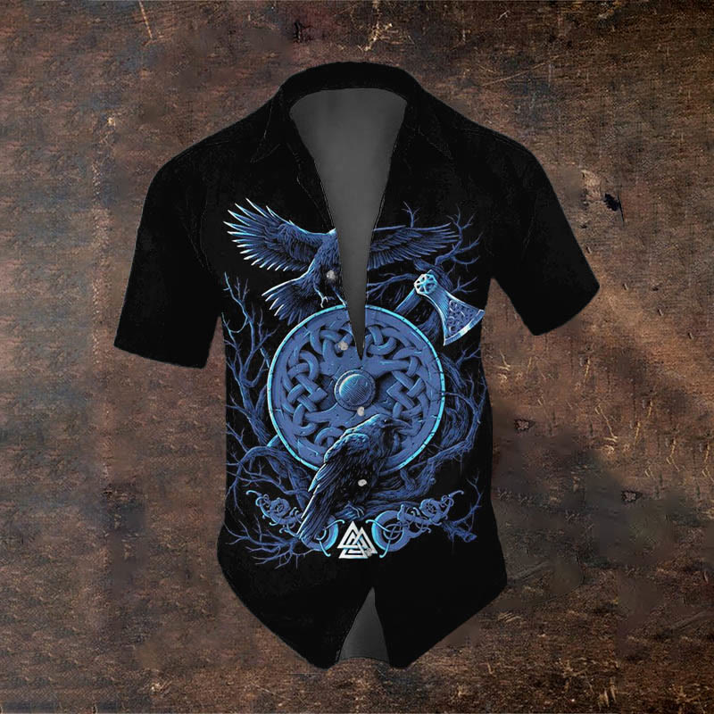 WorldNorse Wikinger Axt Schild Raven Valknut Kurzarmhemd