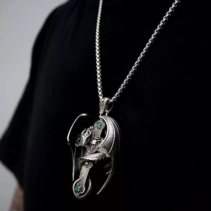 WorldNorse Halskette mit Drachenkreuz, 925er Sterlingsilber, gotisch, Smaragd