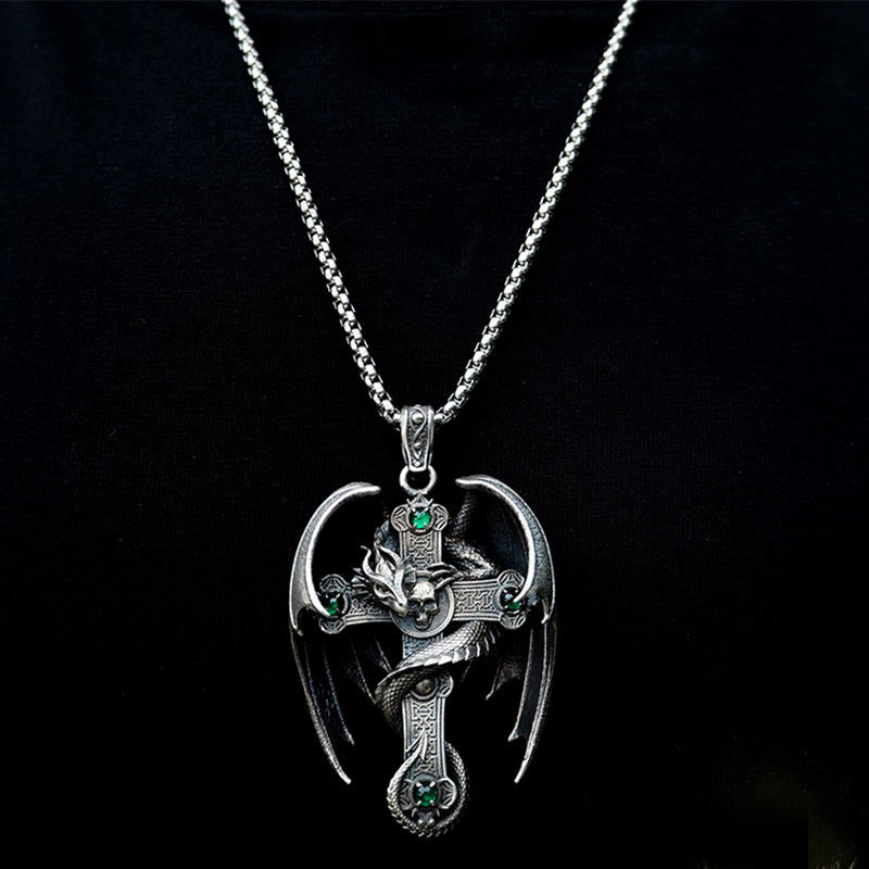 WorldNorse Halskette mit Drachenkreuz, 925er Sterlingsilber, gotisch, Smaragd