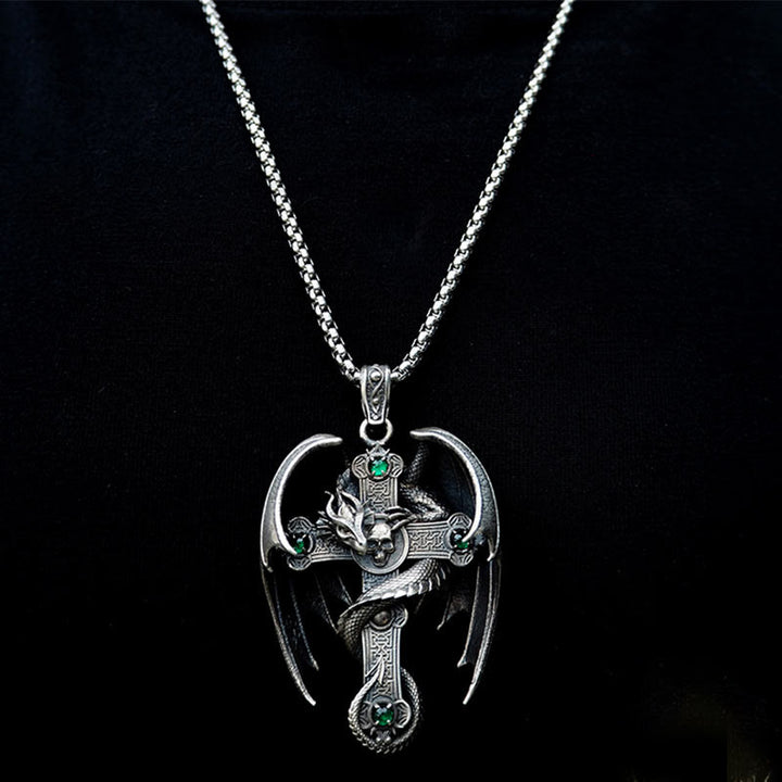 WorldNorse Halskette mit Drachenkreuz, 925er Sterlingsilber, gotisch, Smaragd
