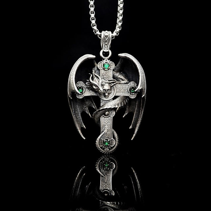 WorldNorse Halskette mit Drachenkreuz, 925er Sterlingsilber, gotisch, Smaragd