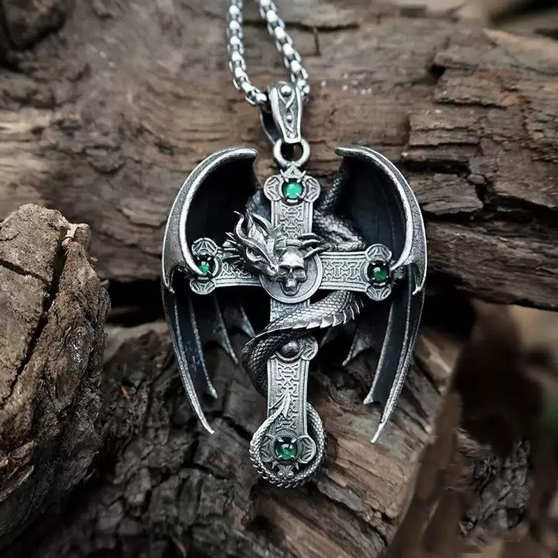 WorldNorse Halskette mit Drachenkreuz, 925er Sterlingsilber, gotisch, Smaragd