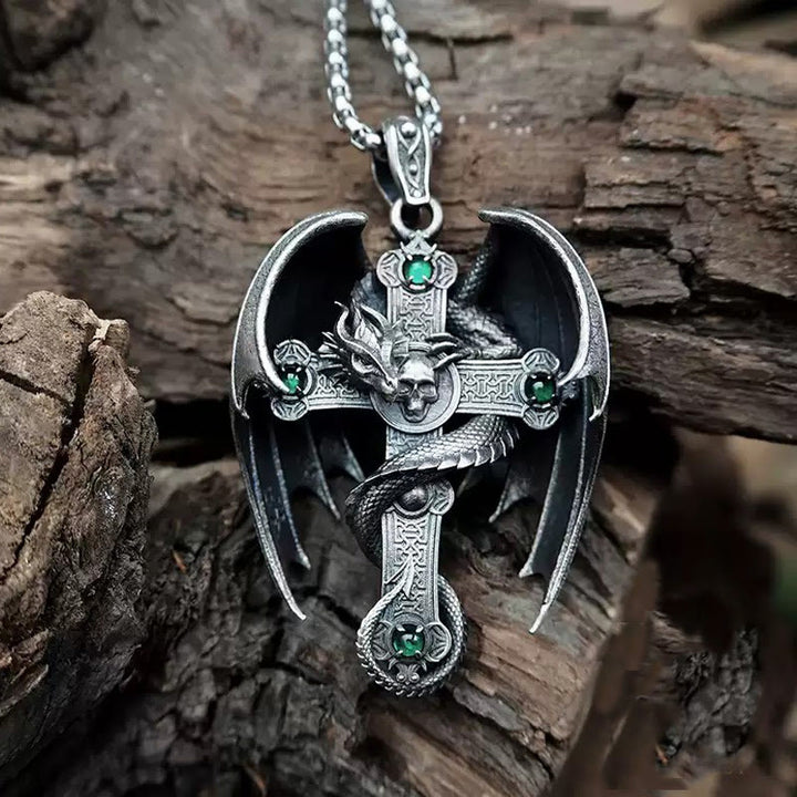 WorldNorse Halskette mit Drachenkreuz, 925er Sterlingsilber, gotisch, Smaragd