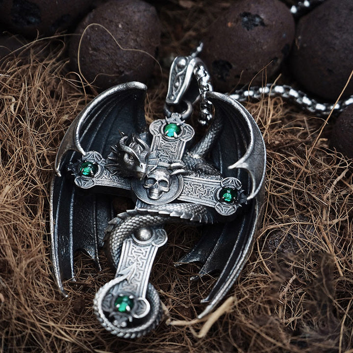 WorldNorse Halskette mit Drachenkreuz, 925er Sterlingsilber, gotisch, Smaragd
