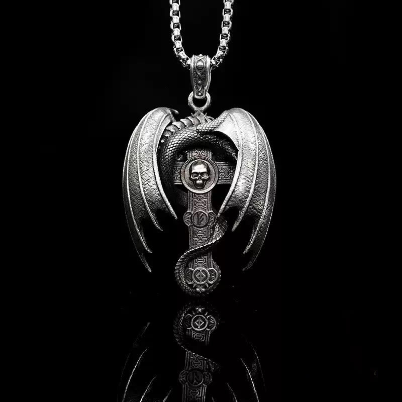 WorldNorse Halskette mit Drachenkreuz, 925er Sterlingsilber, gotisch, Smaragd