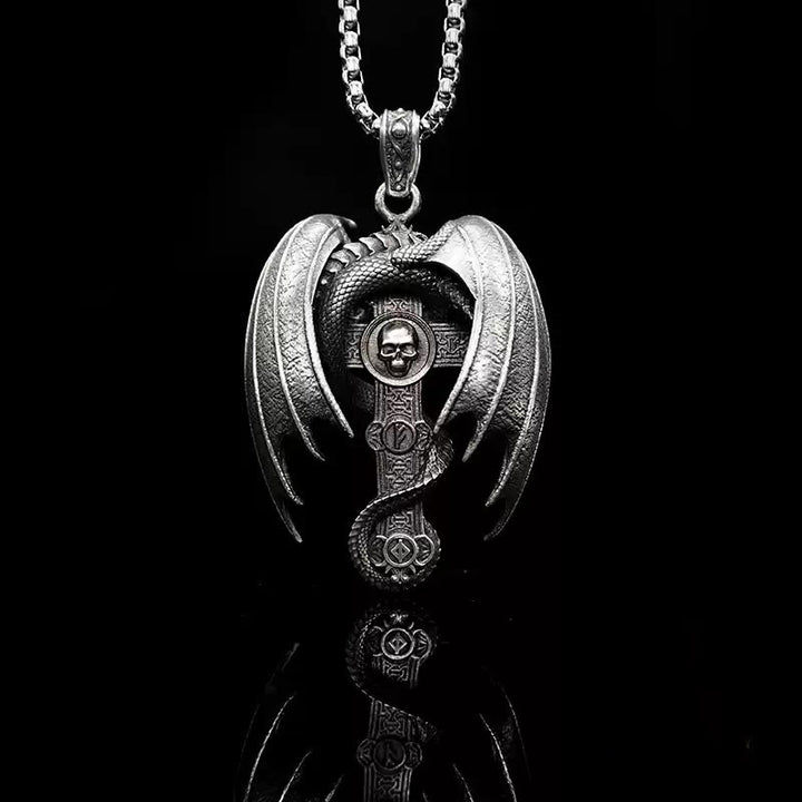 WorldNorse Halskette mit Drachenkreuz, 925er Sterlingsilber, gotisch, Smaragd