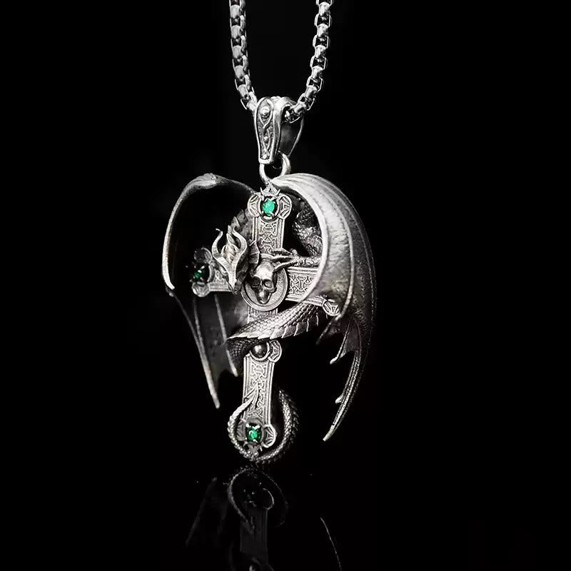 WorldNorse Halskette mit Drachenkreuz, 925er Sterlingsilber, gotisch, Smaragd