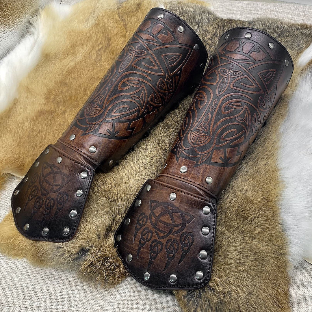 Armschienen aus WorldNorse Viking Wolf Triquetra Leder - Wolf#A - Braun - image 1