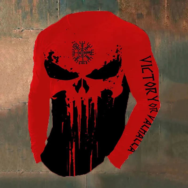 WorldNorse Victory oder Valhalla Skull Vegvisir Langes T-Shirt - Rot - US/UK/AU50, EU60 (5XL) - image 3