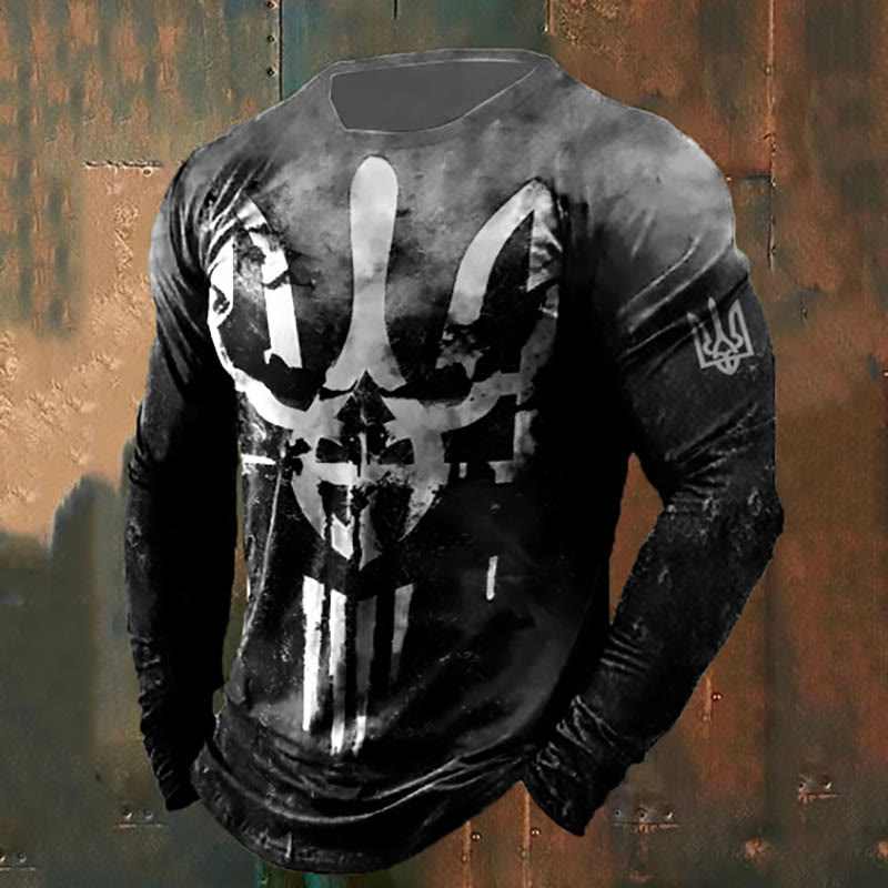 WorldNorse Herren Punisher Skull Trident Langes T-Shirt - Schwarz & Grau - US/UK/AU50, EU60 (5XL) - image 1