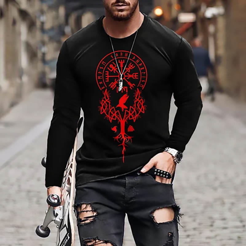 WorldNorse Baum des Lebens Vegvisir Raven Langes T-Shirt - Rot - US/UK/AU50, EU60 (5XL) - image 1