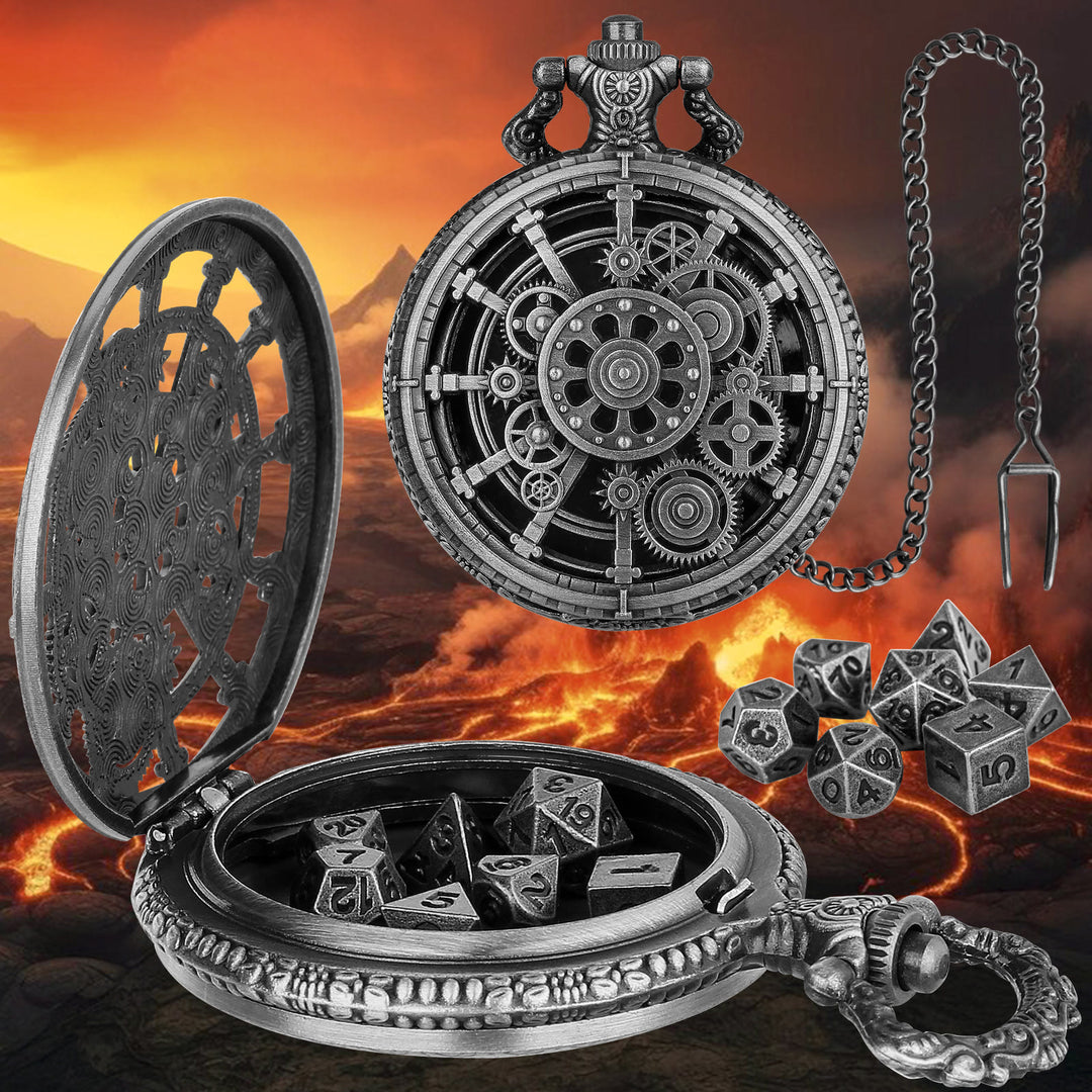 WorldNorse Steampunk Gears Würfel Set Taillenkette - Taschenuhrgehäuse + Kette + Würfel - Silber - image 1