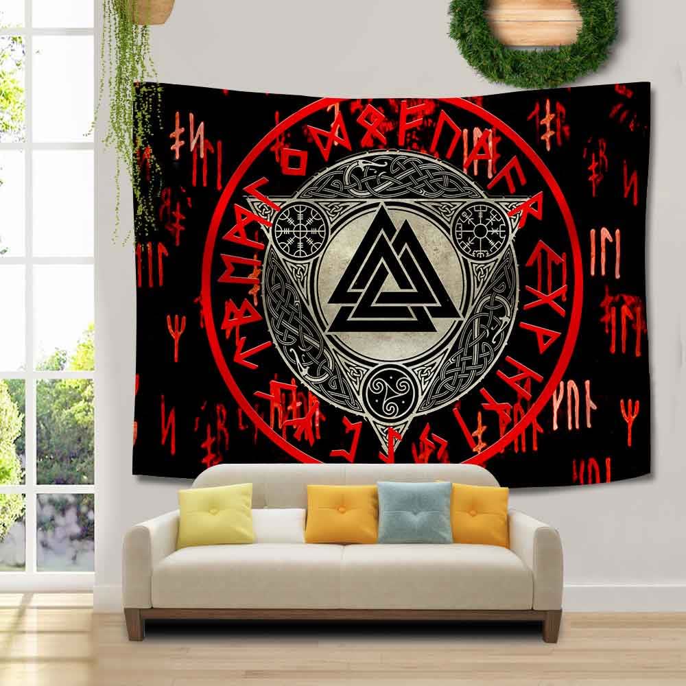 WorldNorse Retro Triquetra Valknut Ägischjalmur Wandteppich - Valknut - 180X320cm - image 0