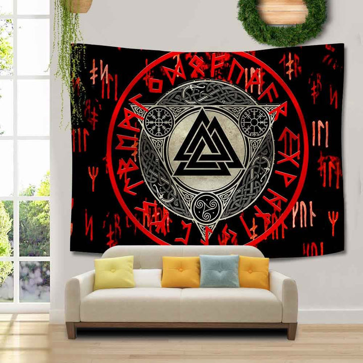 WorldNorse Retro Triquetra Valknut Ägischjalmur Wandteppich - Valknut - 180X320cm - image 0
