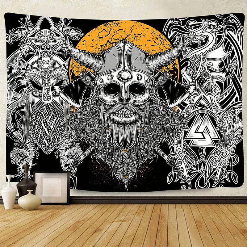 WorldNorse Viking Skull Horned Helm Nordische Waffe Wandbehang - Wikinger Axt - 180X320cm - image 0