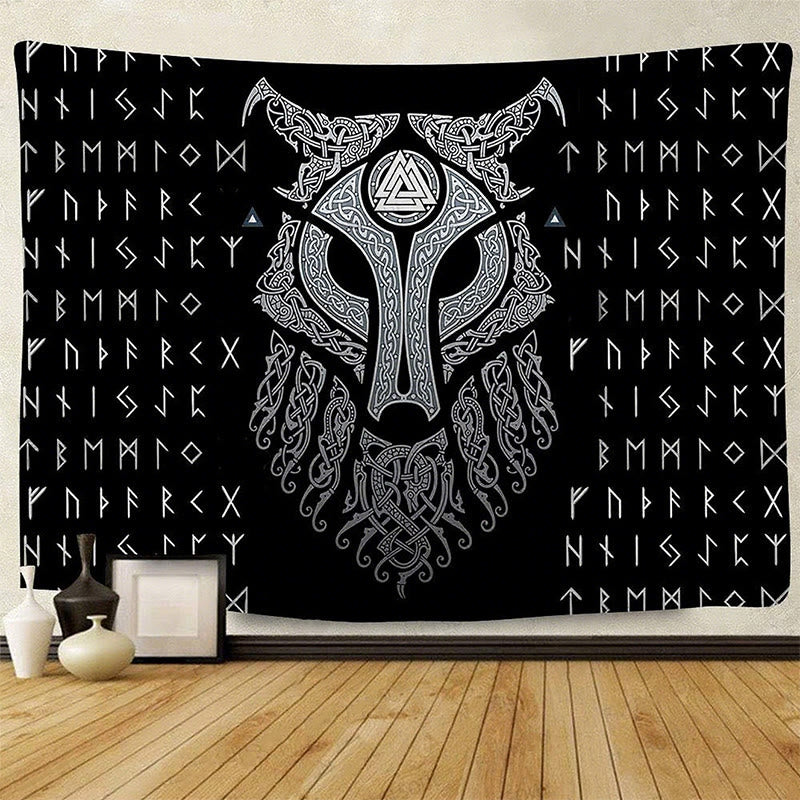 WorldNorse Celestial Fenrir Helm Rune Valknut Wandteppich - Wölfe - 180X320cm - image 0
