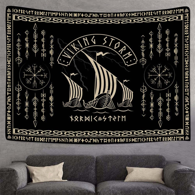 WorldNorse Viking Storm Longship Rune Totem Wandteppich - image 2