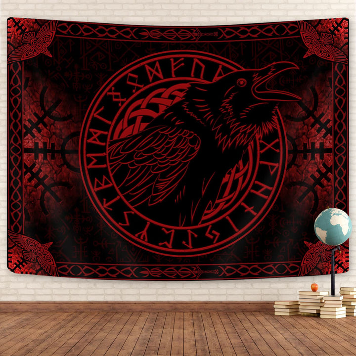 WorldNorse Raven Crow Rune Rot und Schwarz Wandbehang - image 1
