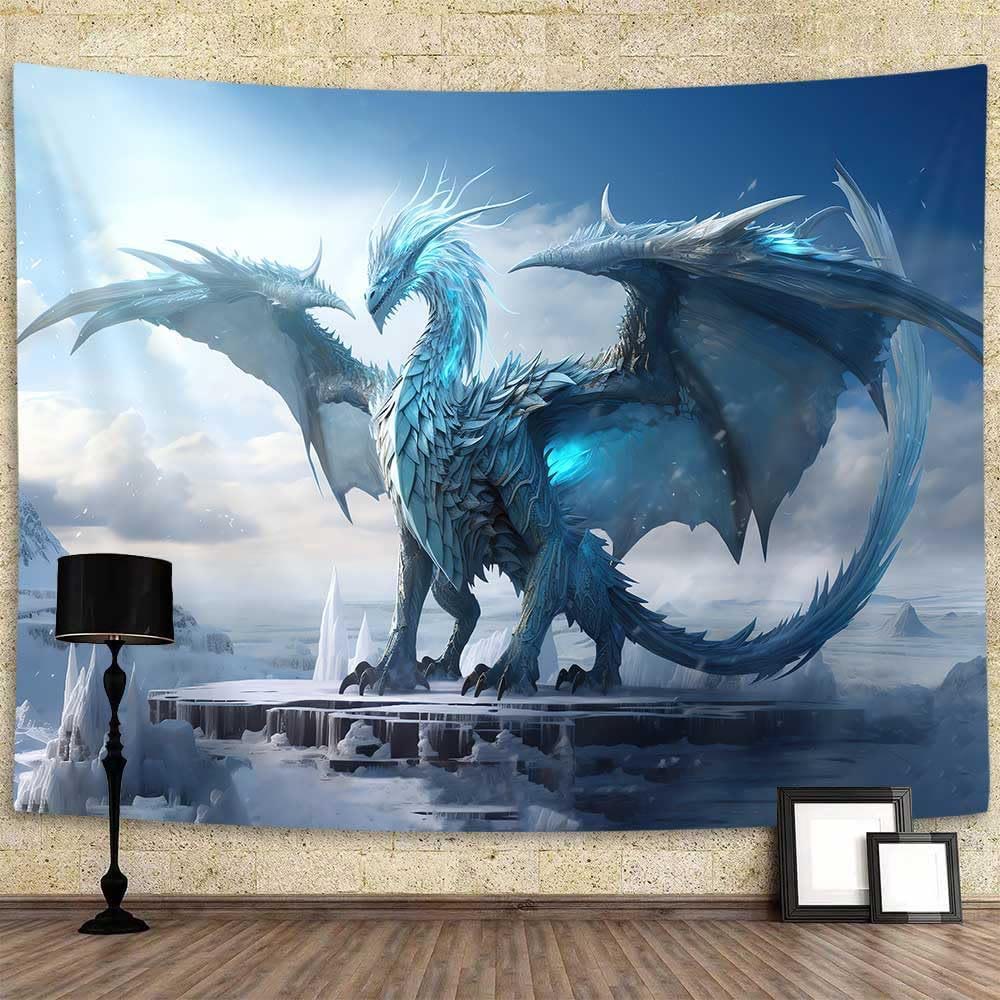 WorldNorse Majestic Ice Dragon Schneeregionen Wandbehang - Nordischer Drache # Schneeszene - 180X320cm - image 0