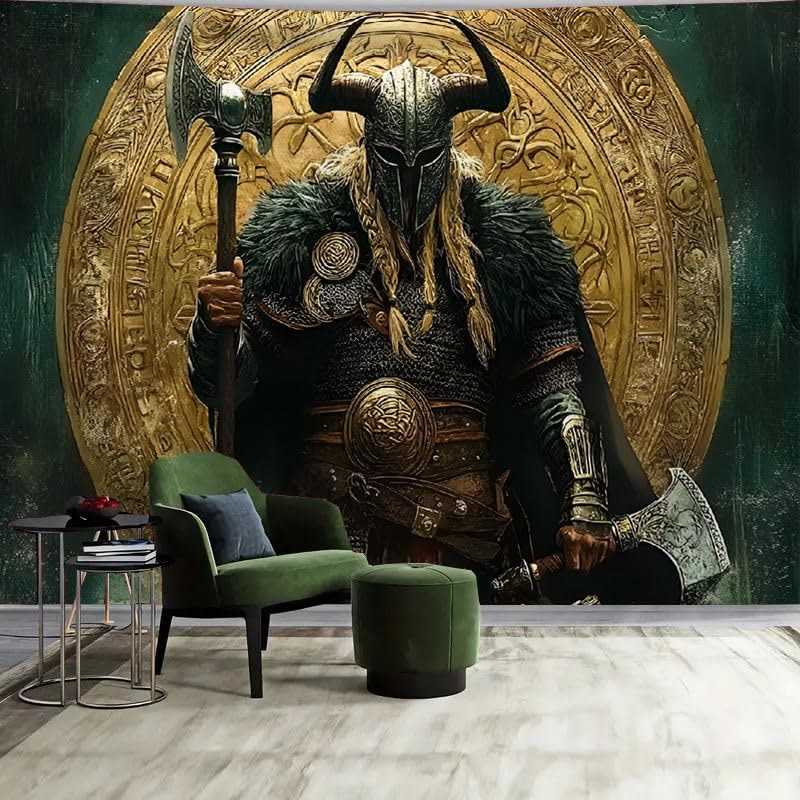 WorldNorse Viking Warrior Twin Axes Golden Disk Wandteppich - Wikinger Axt - 180X320cm - image 0
