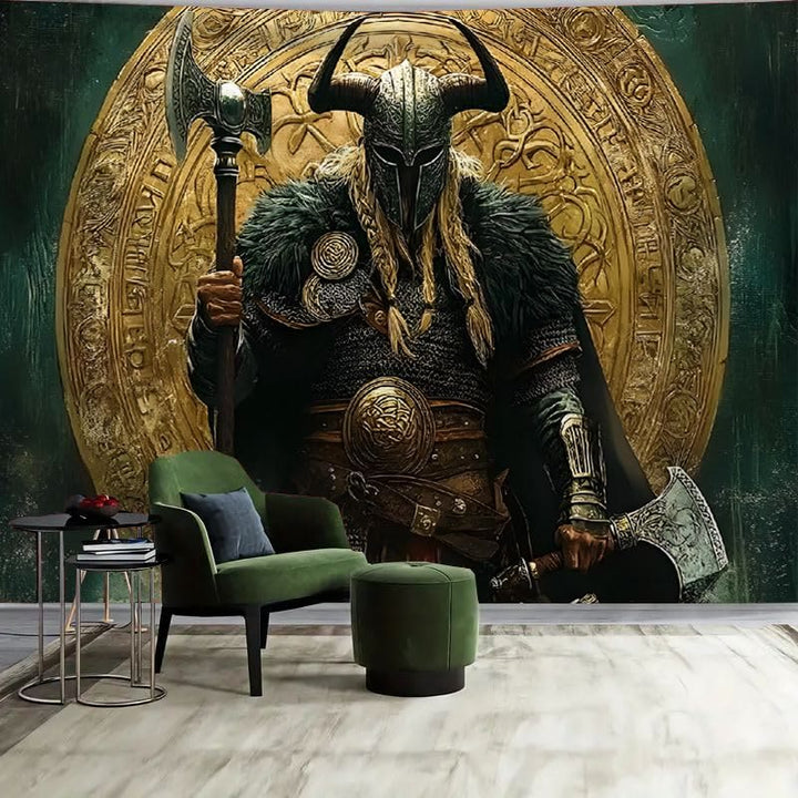 WorldNorse Viking Warrior Twin Axes Golden Disk Wandteppich - Wikinger Axt - 180X320cm - image 0