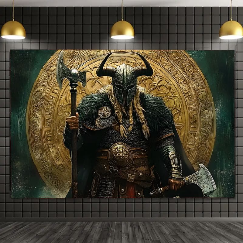 WorldNorse Viking Warrior Twin Axes Golden Disk Wandteppich - image 1