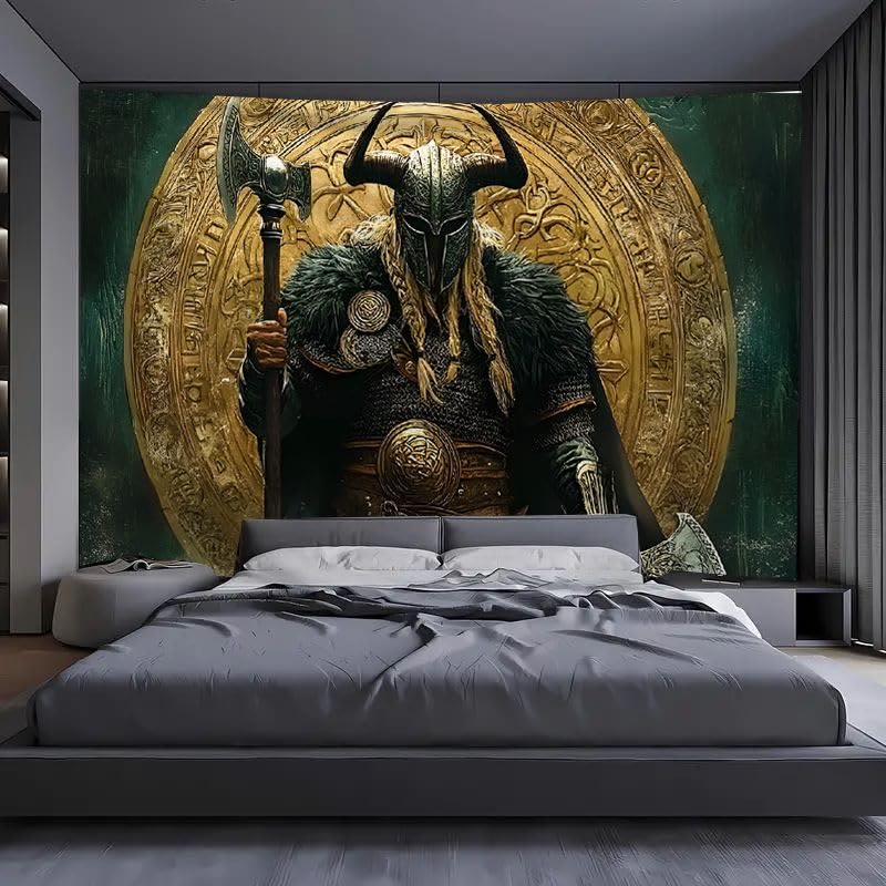 WorldNorse Viking Warrior Twin Axes Golden Disk Wandteppich - image 2