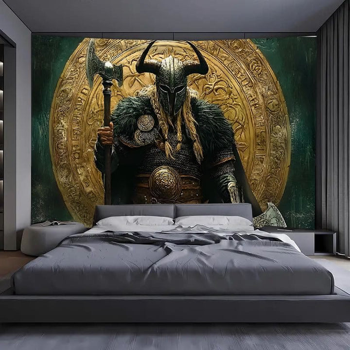 WorldNorse Viking Warrior Twin Axes Golden Disk Wandteppich - image 2