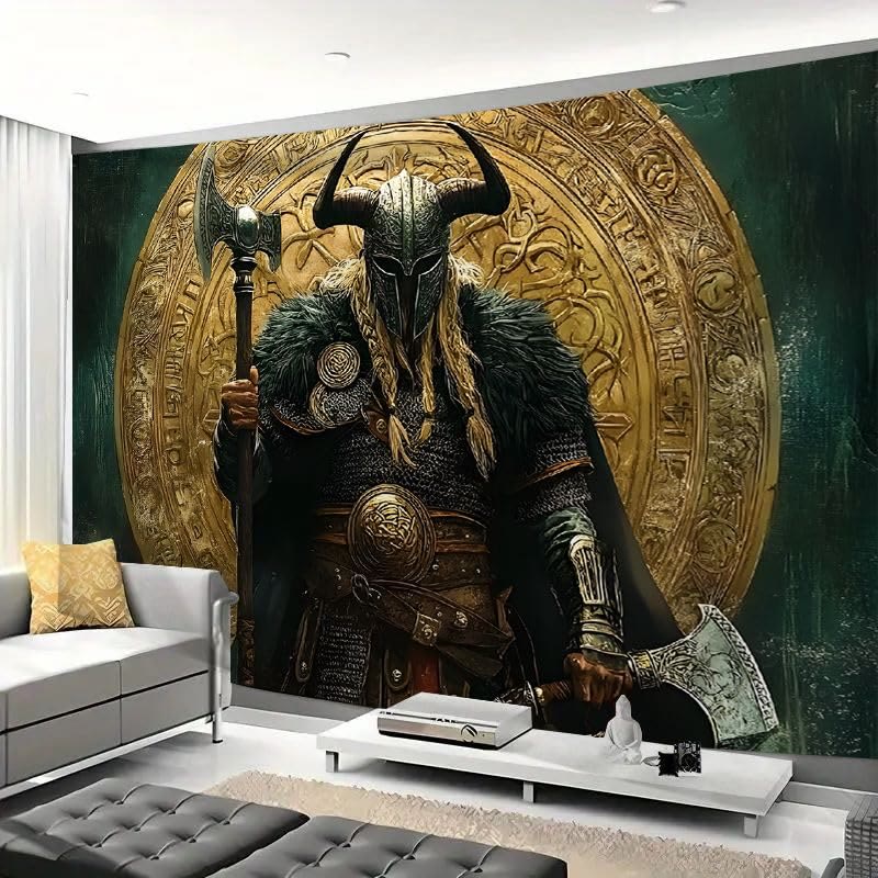 WorldNorse Viking Warrior Twin Axes Golden Disk Wandteppich - image 4