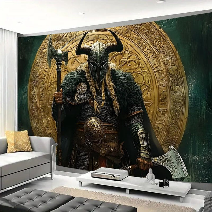 WorldNorse Viking Warrior Twin Axes Golden Disk Wandteppich - image 4