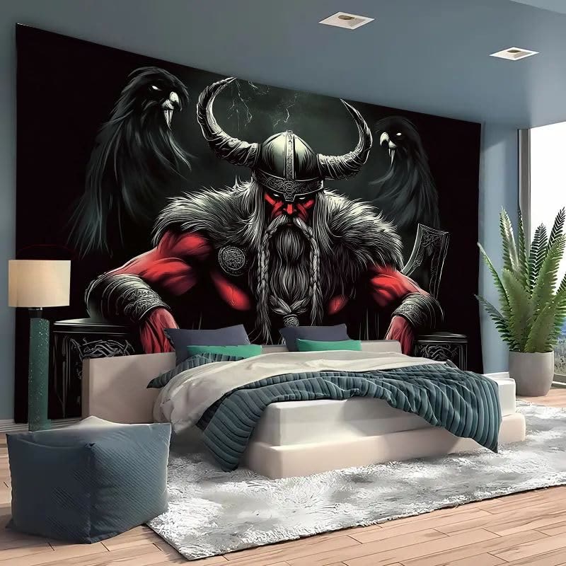 WorldNorse Dark Ravens Gehörnter Helm Wikingerhäuptling Wandteppich - image 1