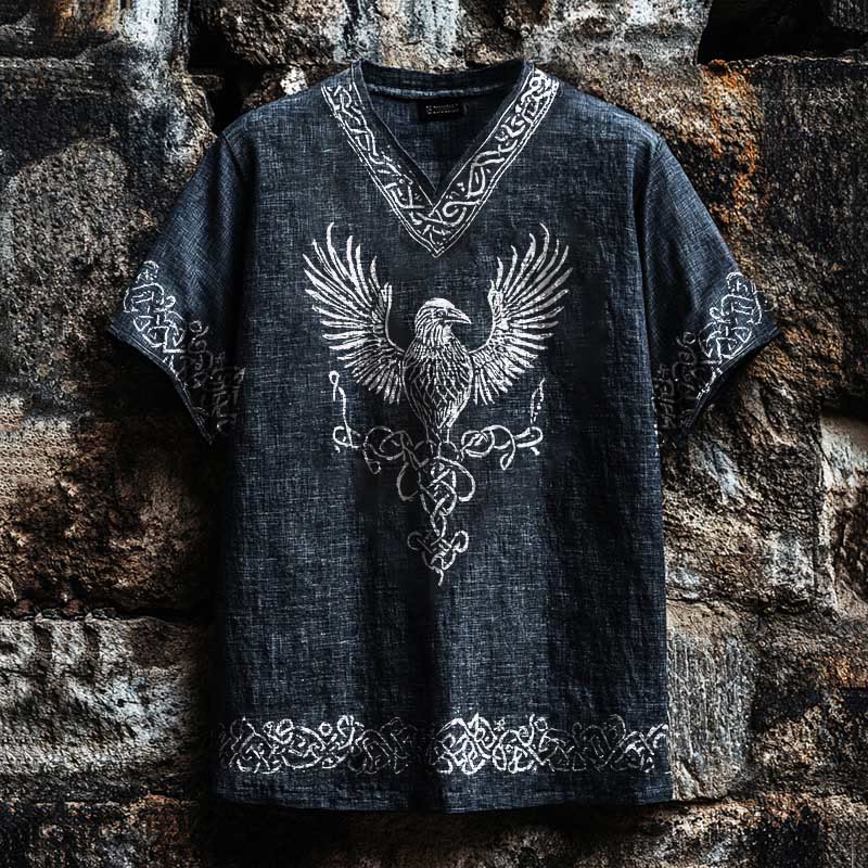 WorldNorse T-Shirt aus Leinen mit V-Ausschnitt, Wikinger-Mythologie, Raven , Keltischer Knoten - US/UK/AU50, EU60 (5XL) - image 0