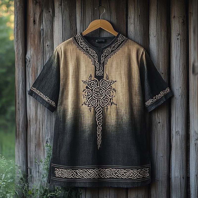 WorldNorse T-Shirt aus Leinen mit V-Ausschnitt und Keltischer Knoten Aufdruck - Khaki & Schwarz - US/UK/AU50, EU60 (5XL) - image 2