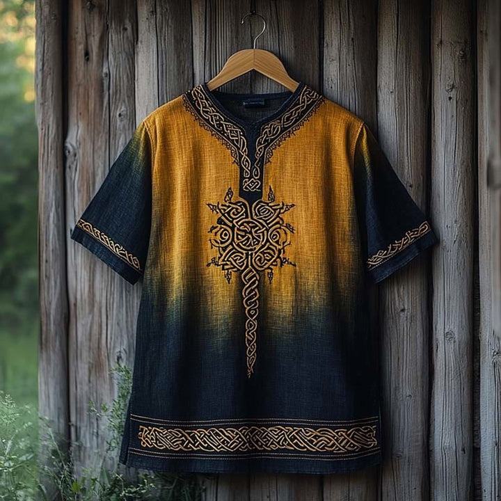 WorldNorse T-Shirt aus Leinen mit V-Ausschnitt und Keltischer Knoten Aufdruck - Blau & Gelb - US/UK/AU50, EU60 (5XL) - image 0