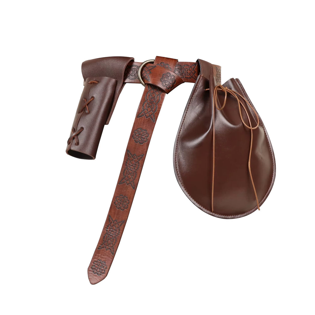WorldNorse – Ledertasche und Gürtel mit geprägtem keltischem Muster - Gürtel + Tasche + Scheide - Braun - image 1