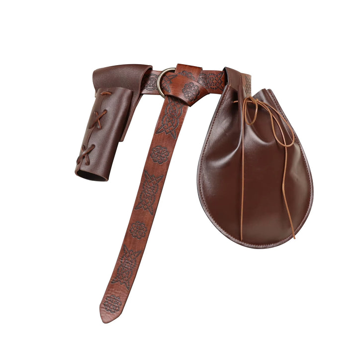 WorldNorse – Ledertasche und Gürtel mit geprägtem keltischem Muster - Gürtel + Tasche + Scheide - Braun - image 1