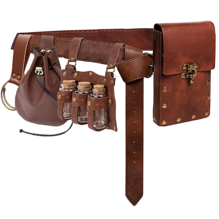 WorldNorse Mittelalterliche Zaubertrankfläschchen-Tasche und Gürtel - Gürtel + Beutel + Gürteltasche + Schlüsselanhänger + Kork-Trankflasche - Braun - image 0