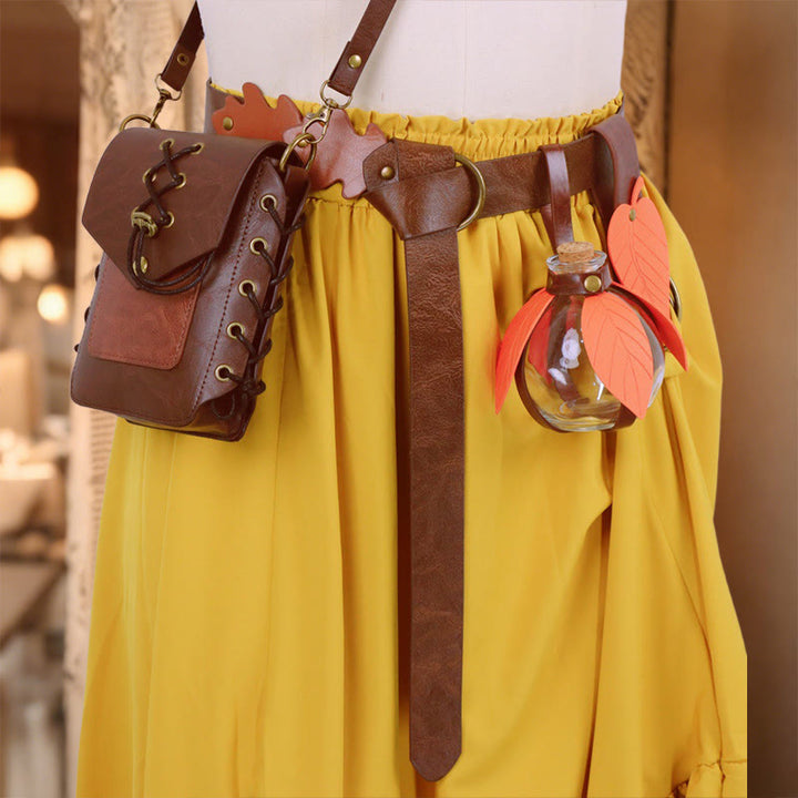 WorldNorse Rustikale Ledertasche und Gürtel mit Blattdekor - Gürteltasche + brauner Gürtel + Clip + Glasflaschenhalter - image 5