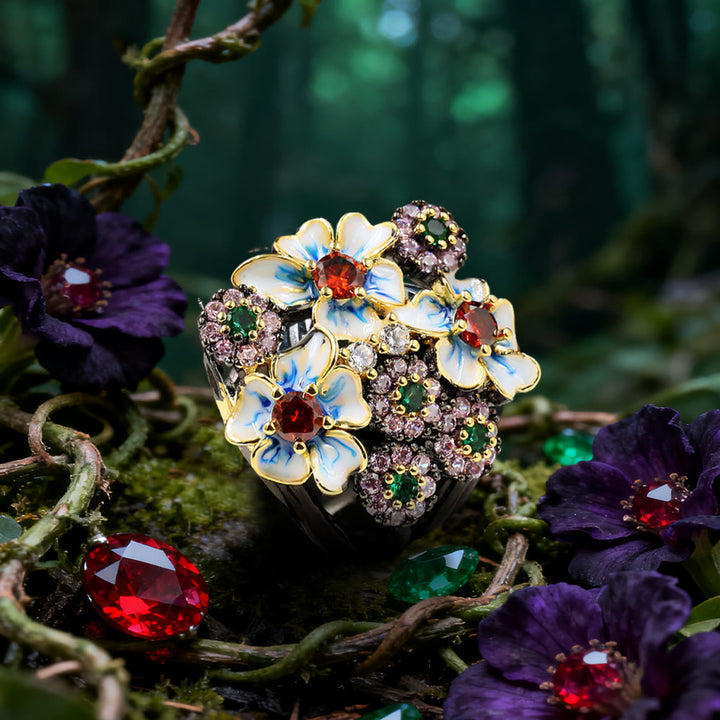 WorldNorse Flower Rubin & Smaragd Schwarzer Ring - 62mm - image 0